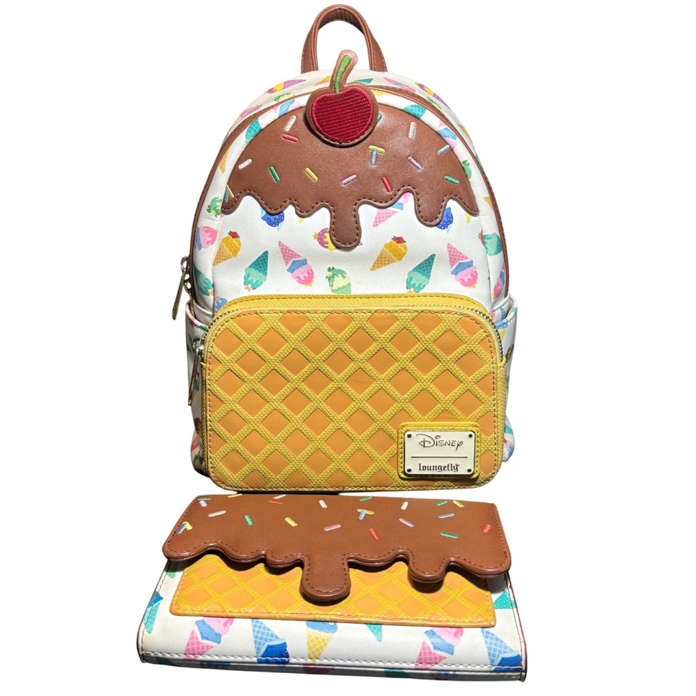 Disney Loungefly White and Brown Ice Cream Waffle Cone Backpack With Wallet